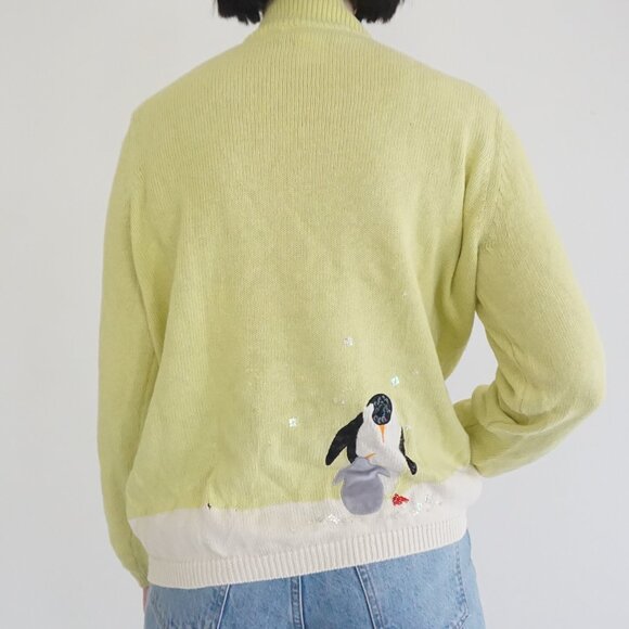 Vintage Susan Bristol Green Penguin Snowflake Christmas Sweater Holiday XL - Picture 2 of 10